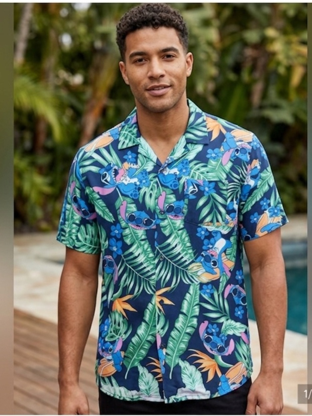 Disney Stitch Tropical Print Button-Down Shirt - Blue/Green/Orange Small